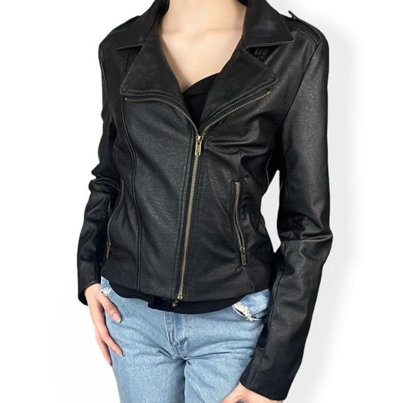 𝅺new Vegan Leather Moto Jacket Black - Picture 1 of 3